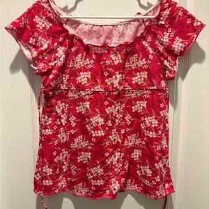 Y2K Short sleeve ruffled red floral shirt